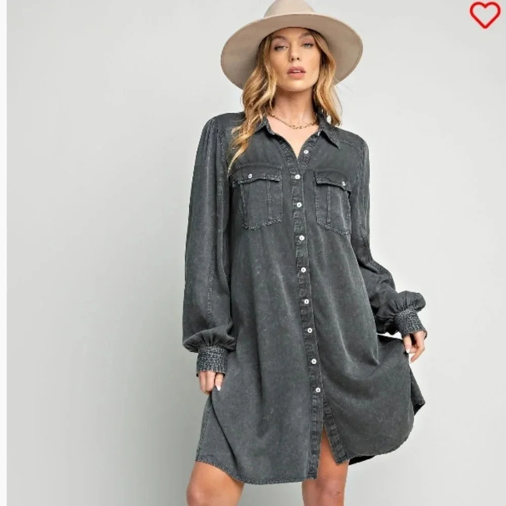 Easel Button Down Long Sleeve  Shirt Dress New